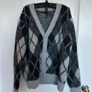 OAK + FORT Black and Gray Argyle Cardigan